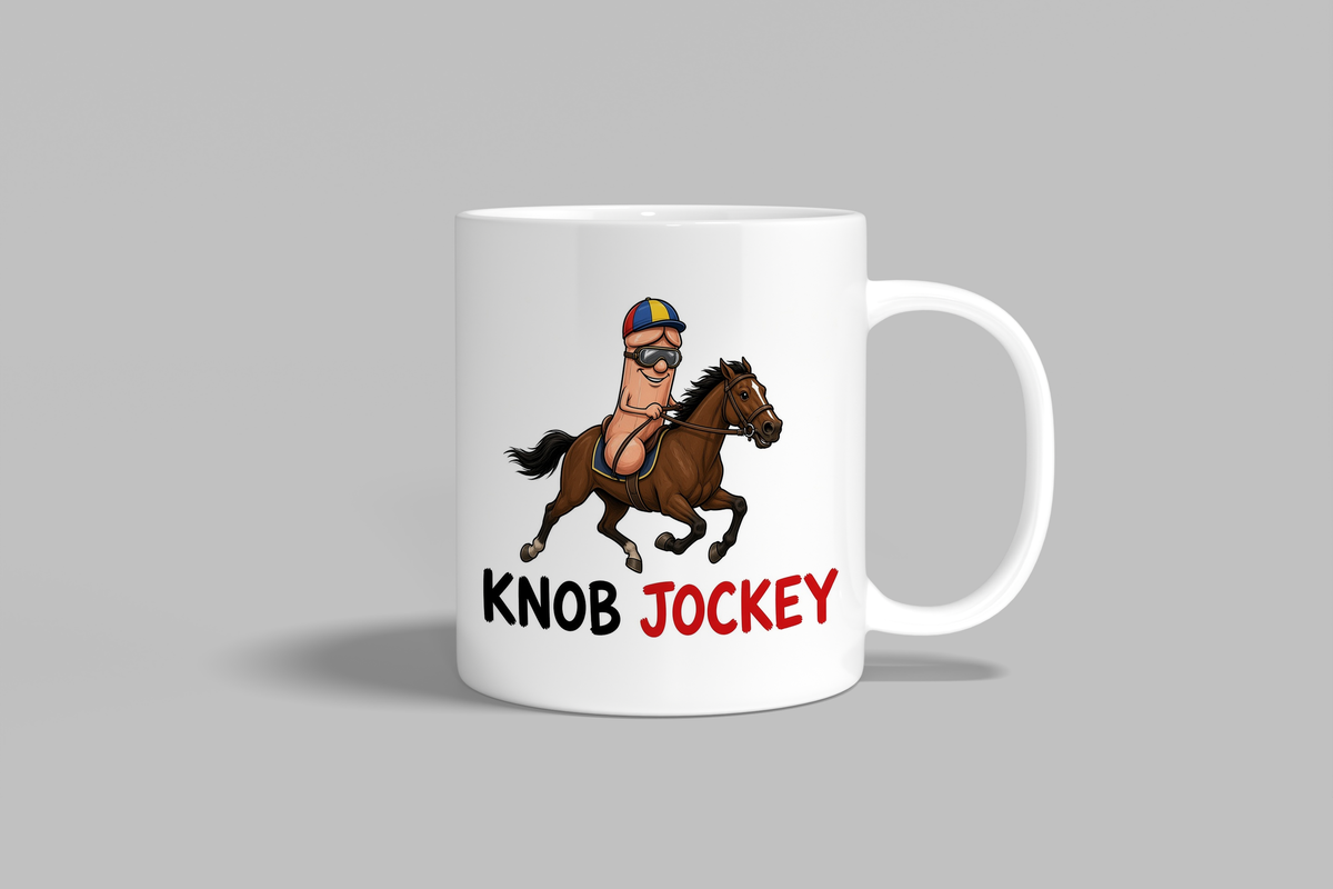 Knob Jockey funny mug, white 11oz ceramic novelty gift, front view