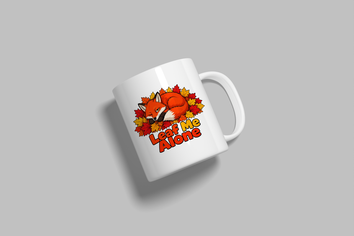 Leaf Me Alone funny mug, white 11oz ceramic novelty gift, angled side view