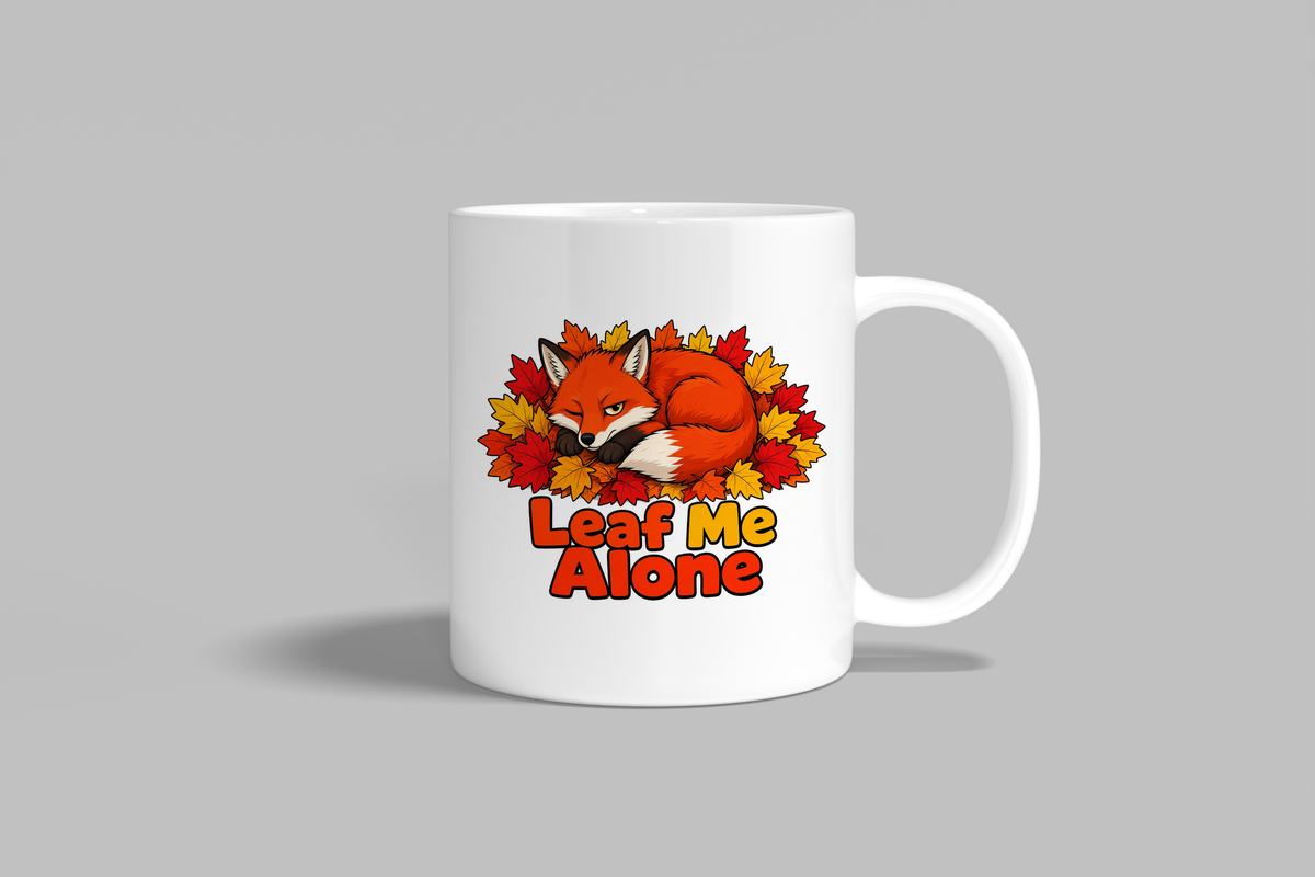 Leaf Me Alone funny mug, white 11oz ceramic novelty gift, front view