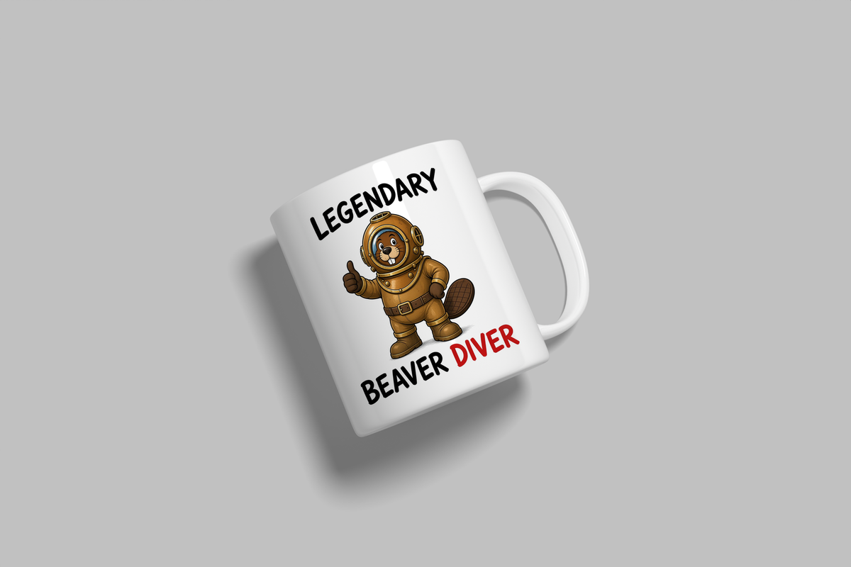 Legendary Beaver Diver funny mug, white 11oz ceramic novelty gift, angled side view