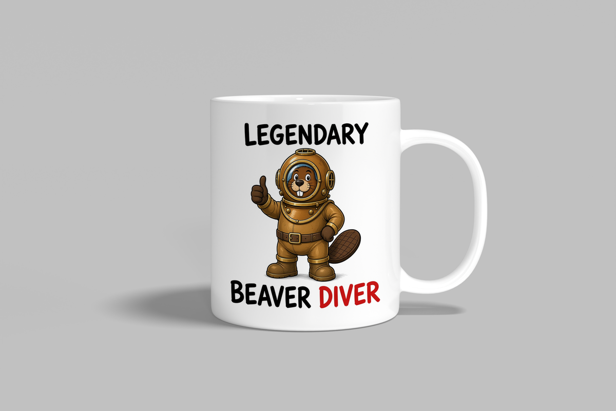 Legendary Beaver Diver funny mug, white 11oz ceramic novelty gift, front view