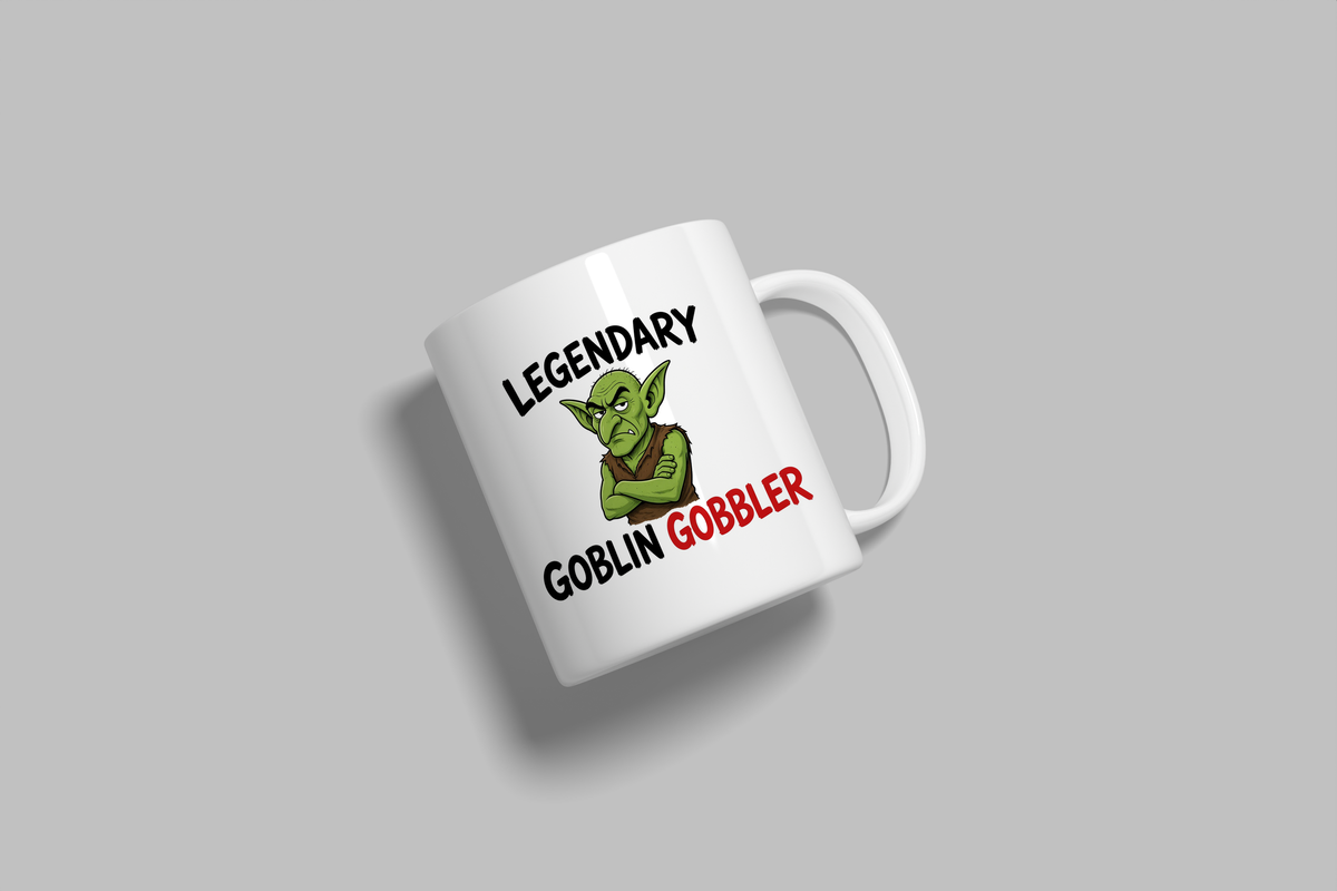 Legendary Goblin Gobbler funny mug, white 11oz ceramic novelty gift, angled side view