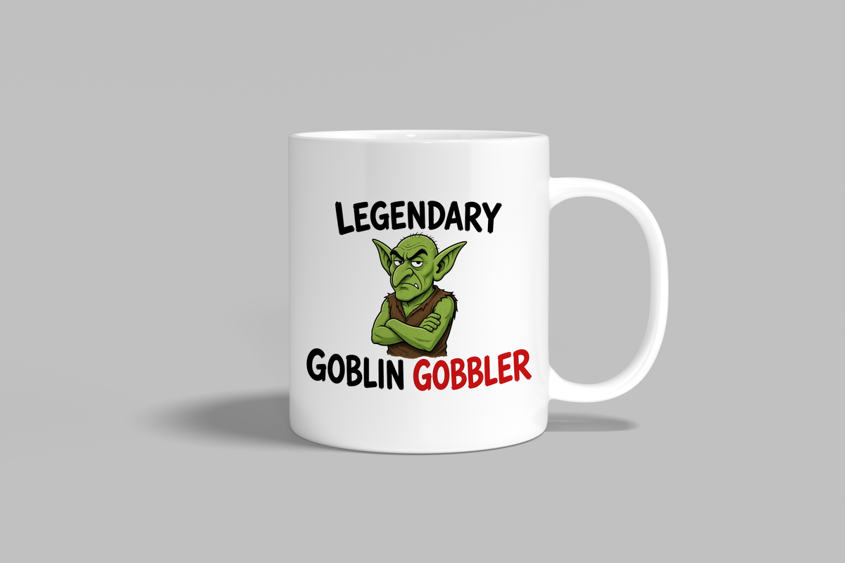 Legendary Goblin Gobbler funny mug, white 11oz ceramic novelty gift, front view