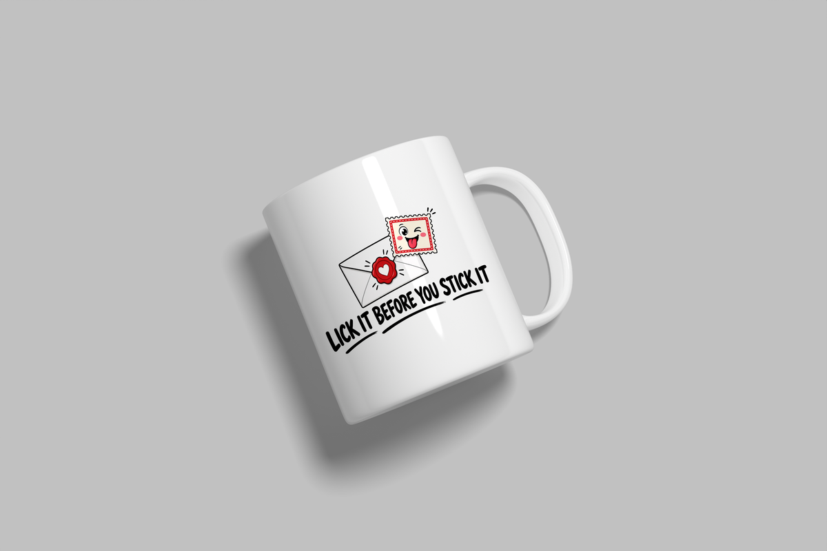 Lick It Before You Stick It funny mug, white 11oz ceramic novelty gift, angled side view
