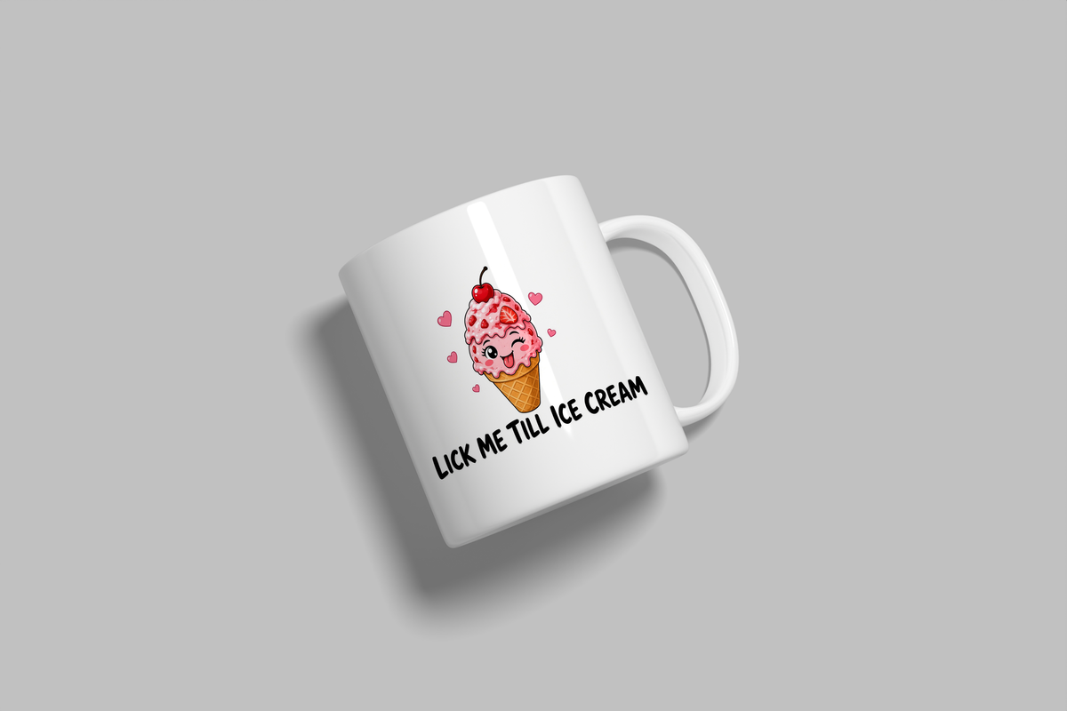 Lick Me Till Ice Cream funny mug, white 11oz ceramic novelty gift, angled side view