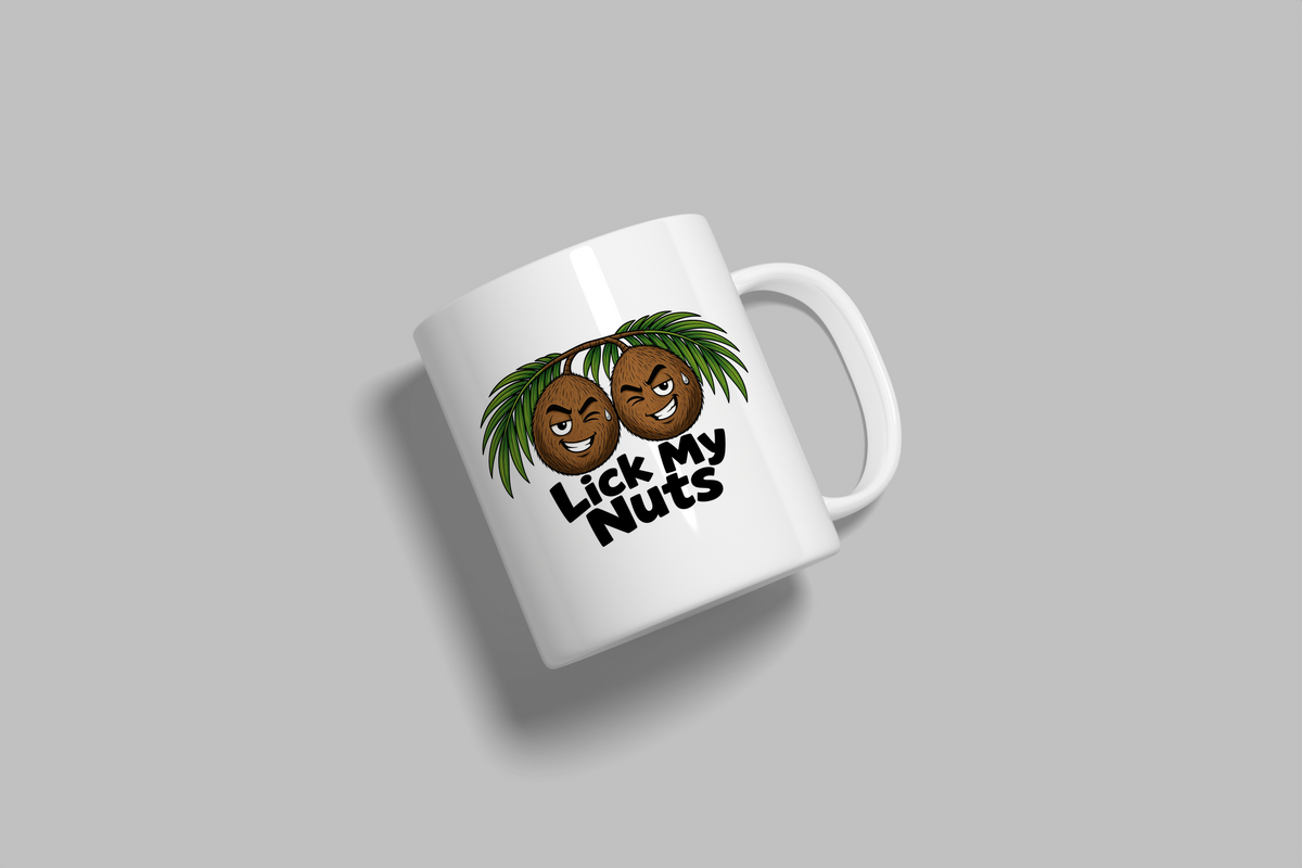 Lick My Nuts funny mug, white 11oz ceramic novelty gift, angled side view