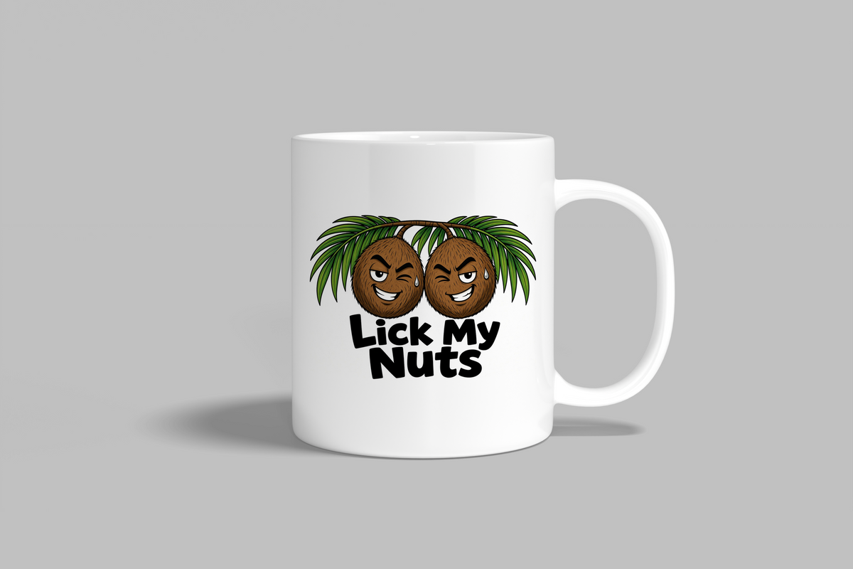 Lick My Nuts funny mug, white 11oz ceramic novelty gift, front view