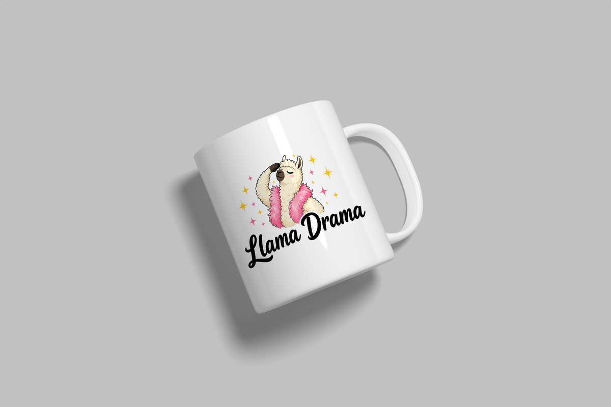 Llama Drama funny mug, white 11oz ceramic novelty gift, angled side view