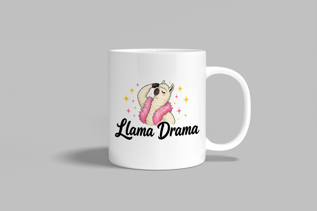 Llama Drama funny mug, white 11oz ceramic novelty gift, front view