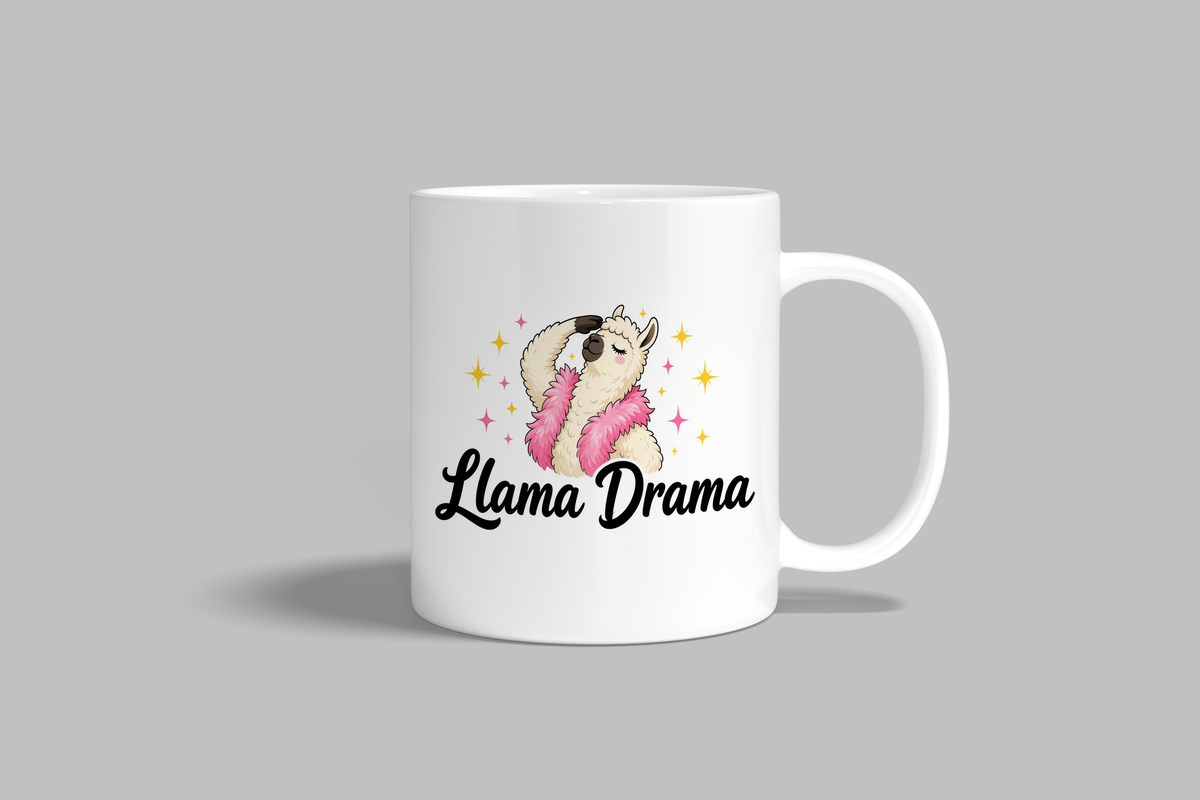 Llama Drama funny mug, white 11oz ceramic novelty gift, front view