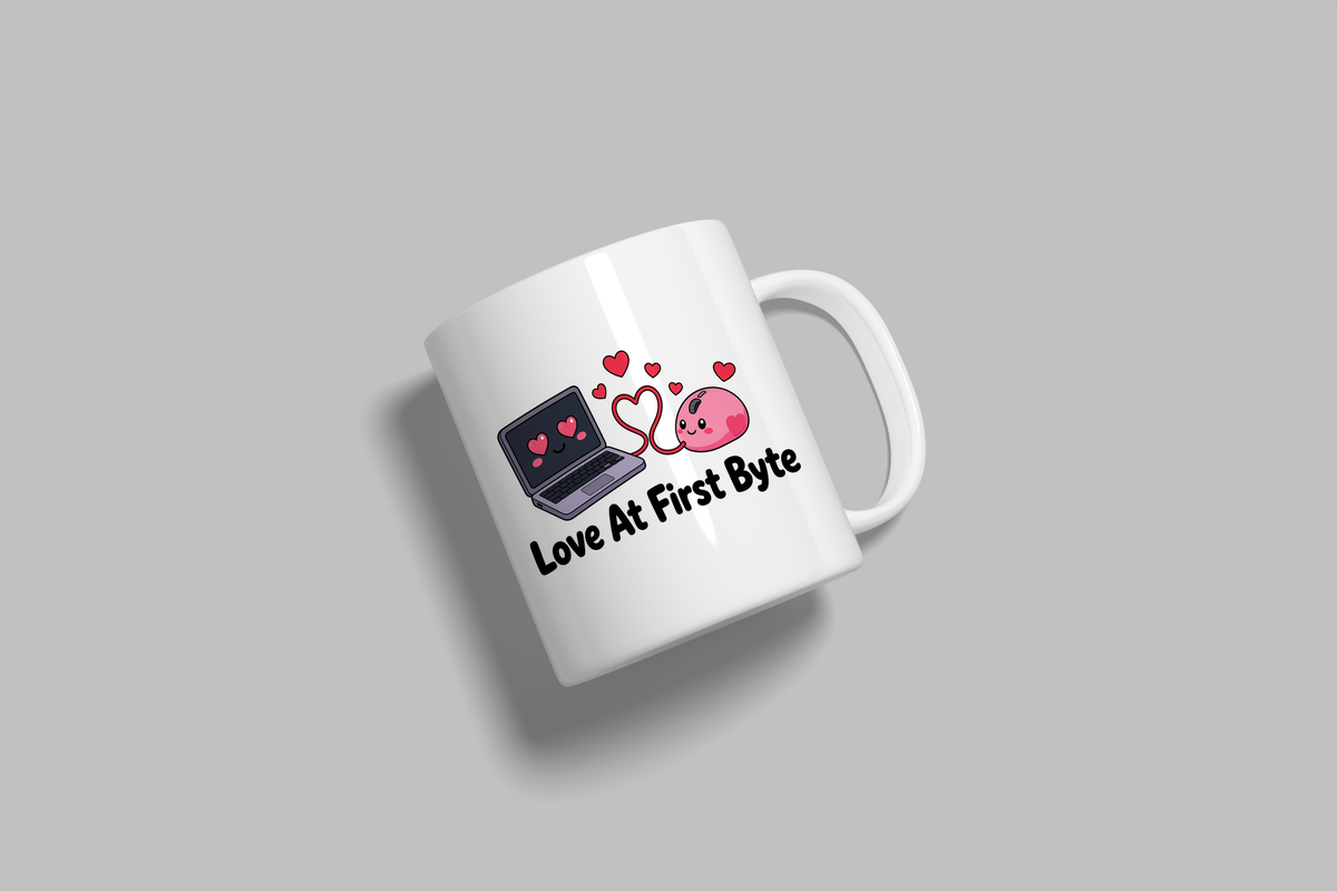 Love At First Byte funny mug, white 11oz ceramic novelty gift, angled side view