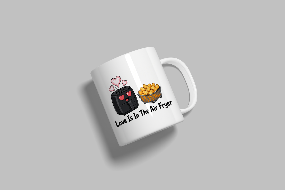 Love Is In The Air Fryer funny mug, white 11oz ceramic novelty gift, angled side view