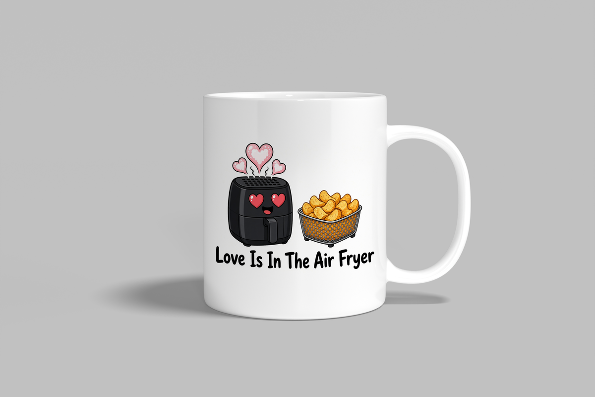 Love Is In The Air Fryer funny mug, white 11oz ceramic novelty gift, front view