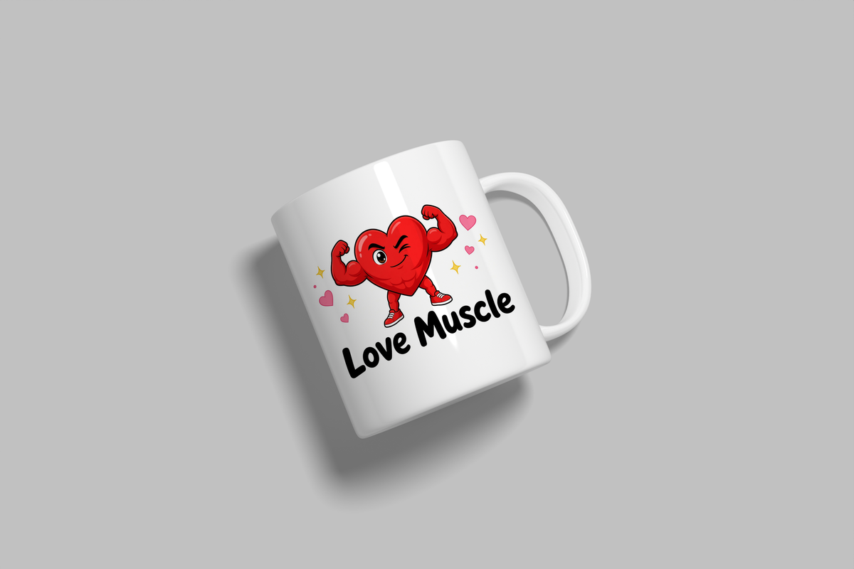 Love Muscle funny mug, white 11oz ceramic novelty gift, angled side view