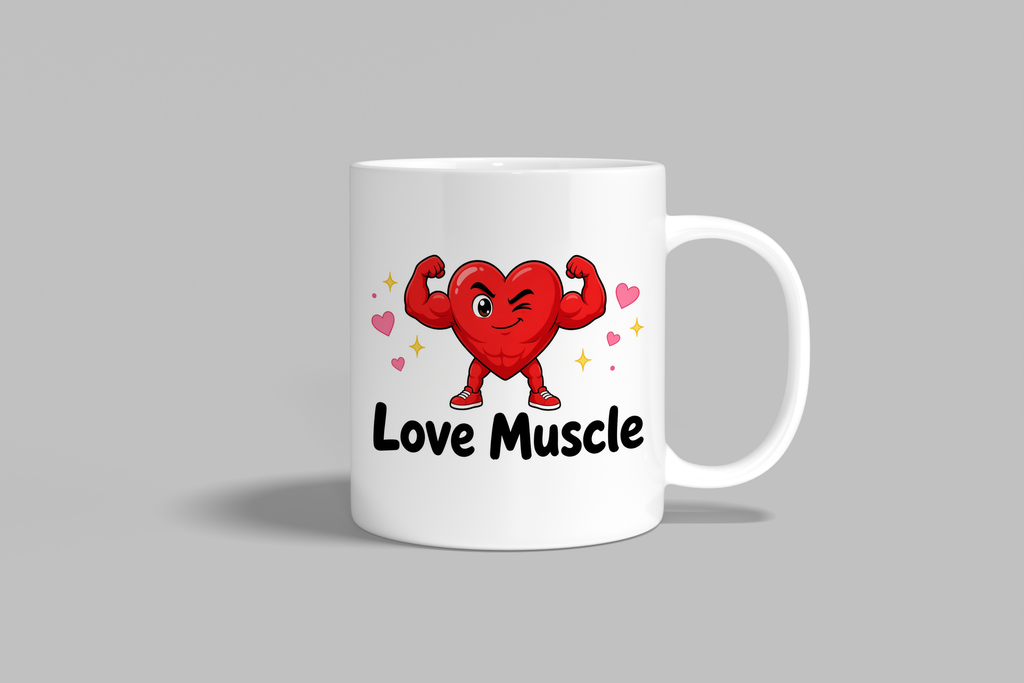Love Muscle funny mug, white 11oz ceramic novelty gift, front view