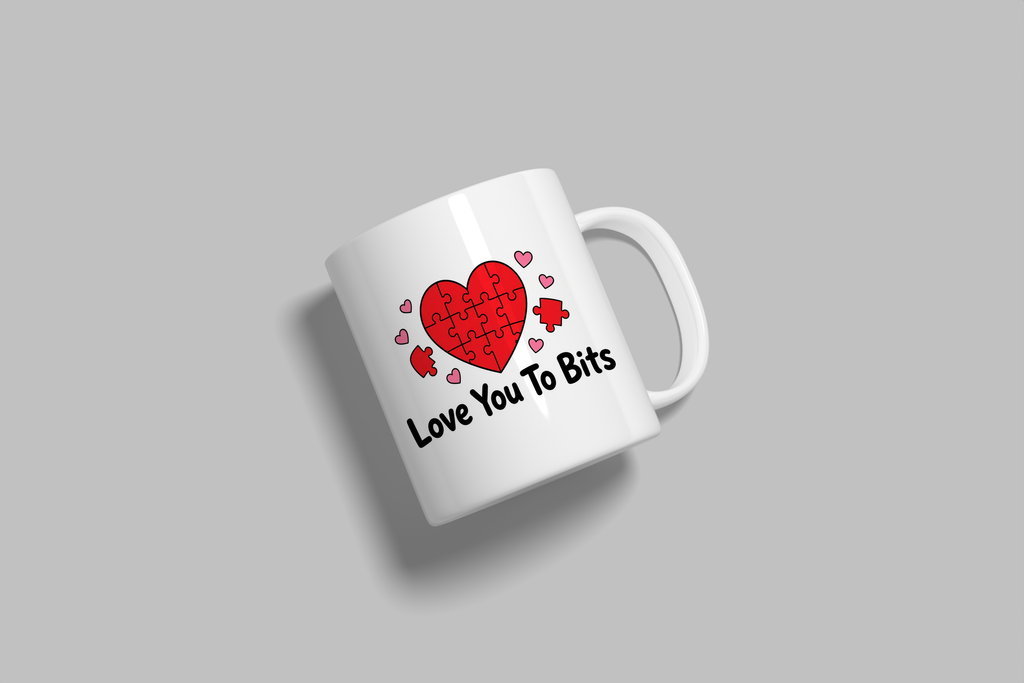 Love You To Bits funny mug, white 11oz ceramic novelty gift, angled side view