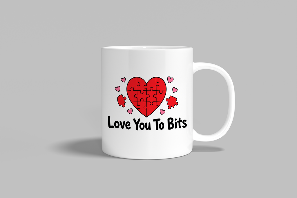 Love You To Bits funny mug, white 11oz ceramic novelty gift, front view