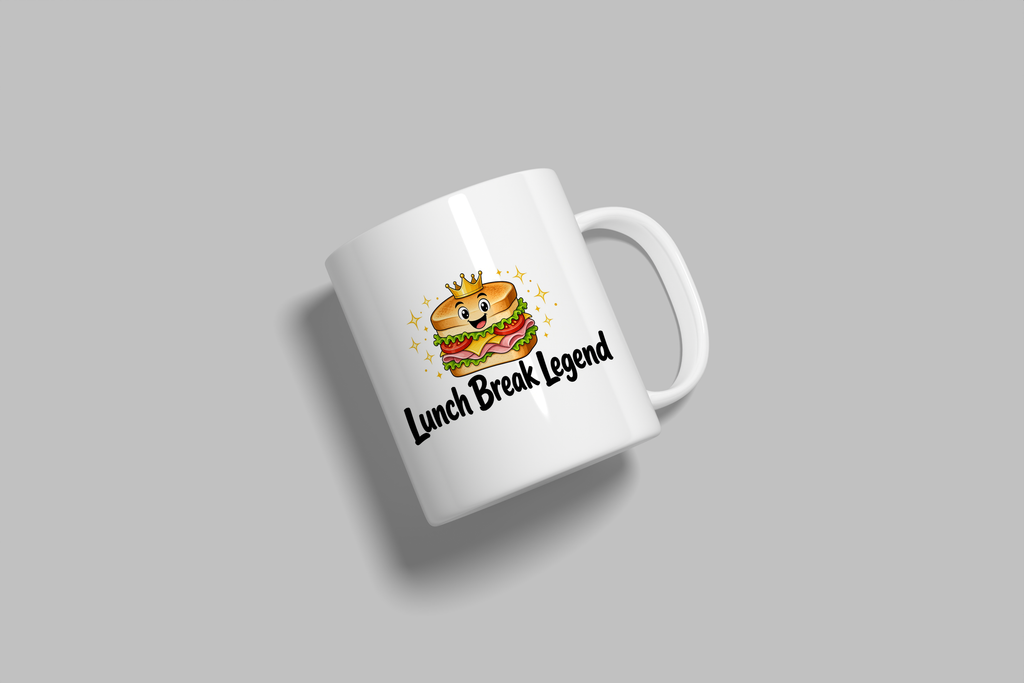 Lunch Break Legend funny mug, white 11oz ceramic novelty gift, angled side view