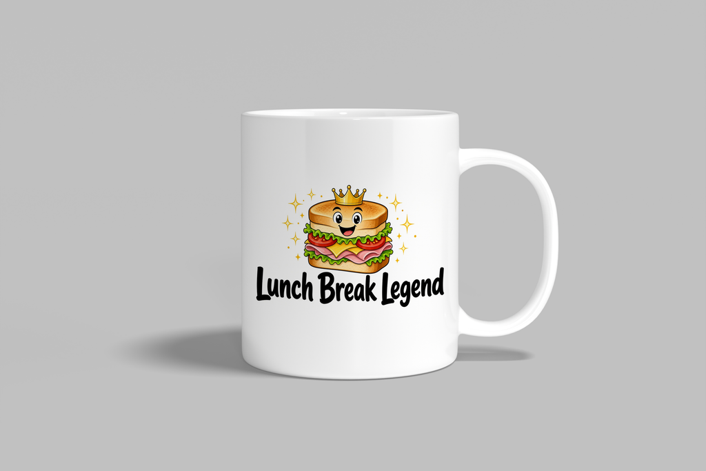 Lunch Break Legend funny mug, white 11oz ceramic novelty gift, front view
