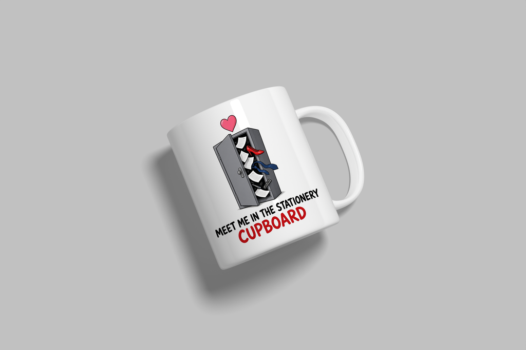 Meet Me In The Stationery Cupboard funny mug, white 11oz ceramic novelty gift, angled side view