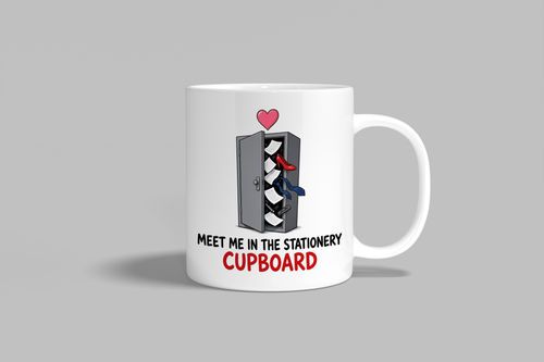 Meet Me In The Stationery Cupboard funny mug, white 11oz ceramic novelty gift, front view