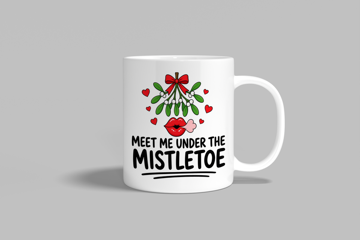Meet Me Under The Mistletoe funny mug, white 11oz ceramic novelty gift, front view