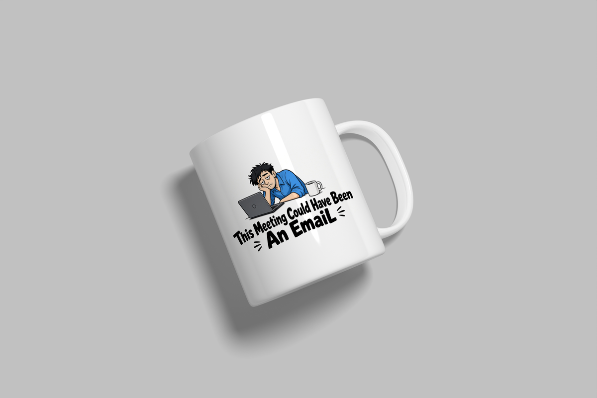 This Meeting Could Have Been An Email funny mug, white 11oz ceramic novelty gift, angled side view