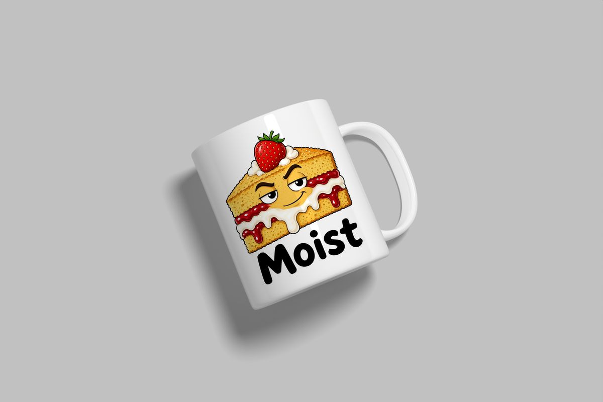 Moist funny mug, white 11oz ceramic novelty gift, angled side view