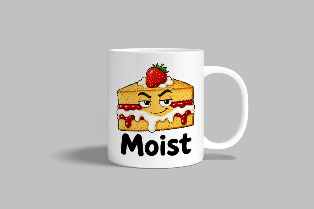 Moist funny mug, white 11oz ceramic novelty gift, front view