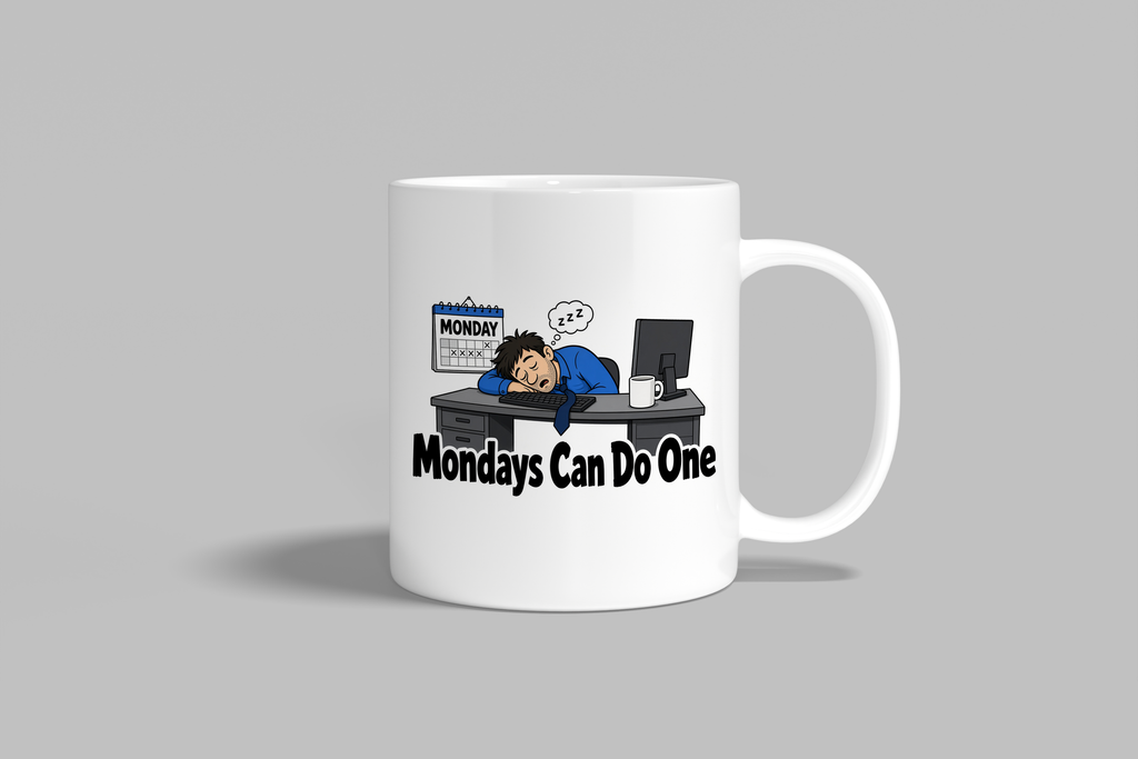 Mondays Can Do One funny mug, white 11oz ceramic novelty gift, front view