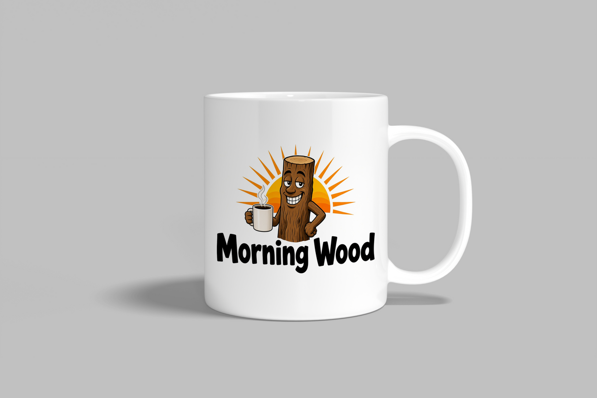 Morning Wood funny mug, white 11oz ceramic novelty gift, front view