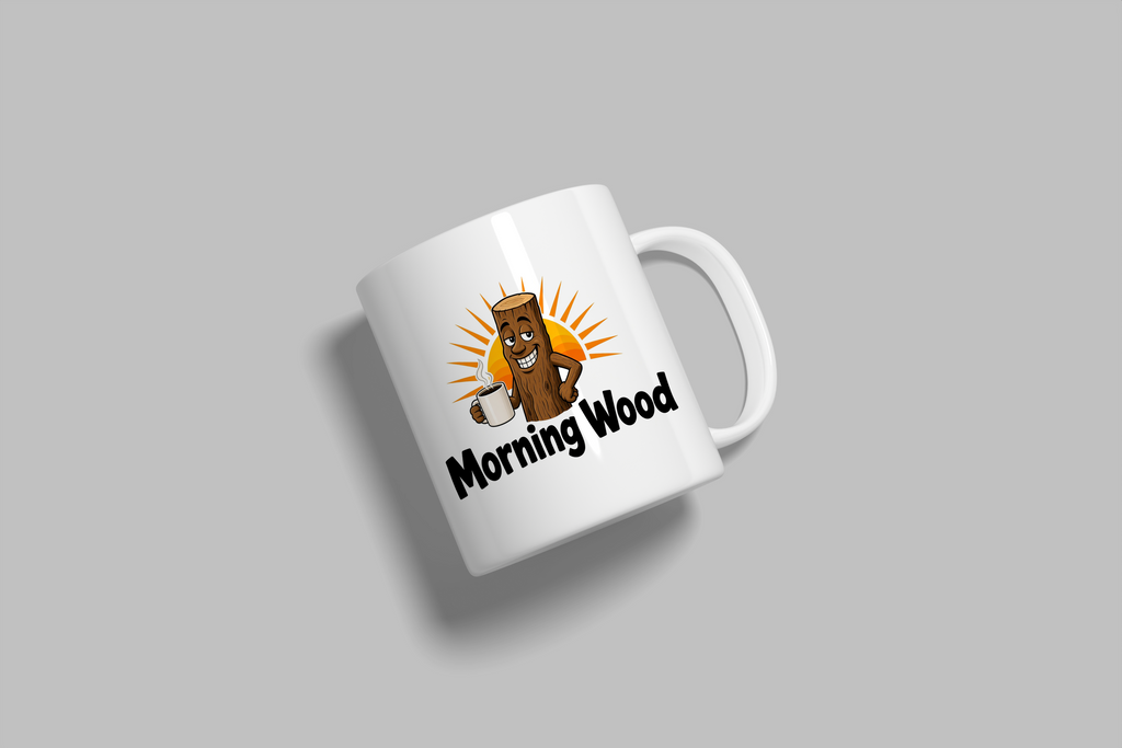 Morning Wood funny mug, white 11oz ceramic novelty gift, angled side view
