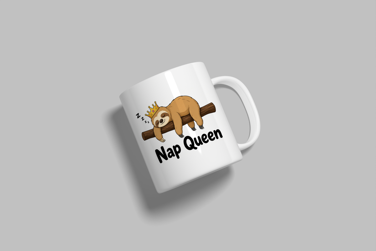 Nap Queen funny mug, white 11oz ceramic novelty gift, angled side view