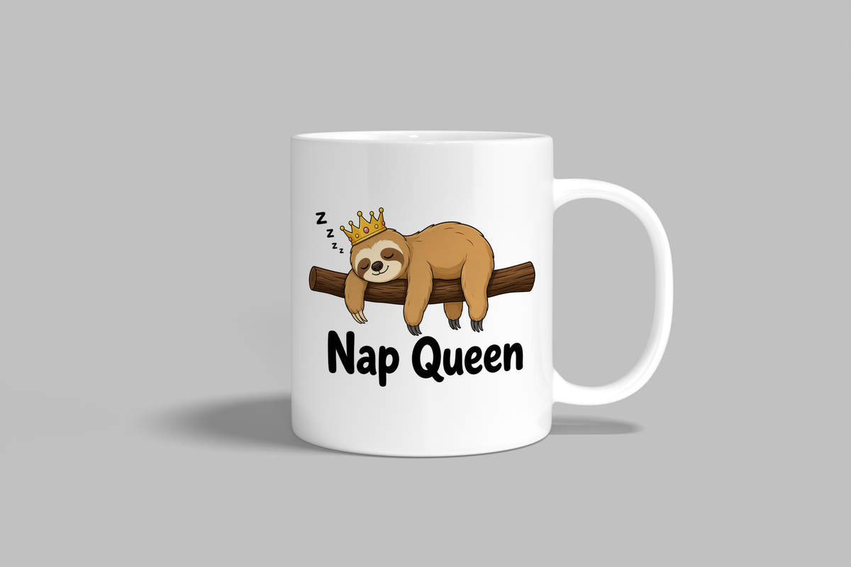 Nap Queen funny mug, white 11oz ceramic novelty gift, front view