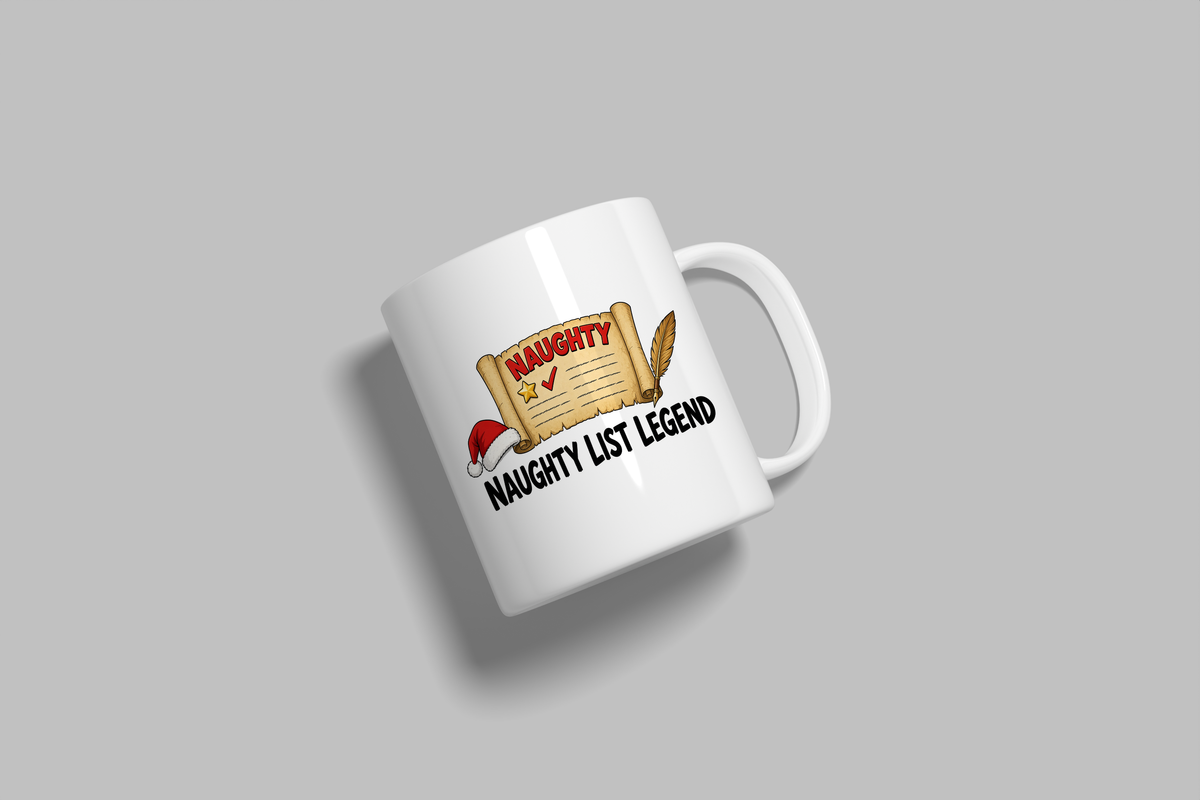 Naughty List Legend funny mug, white 11oz ceramic novelty gift, angled side view
