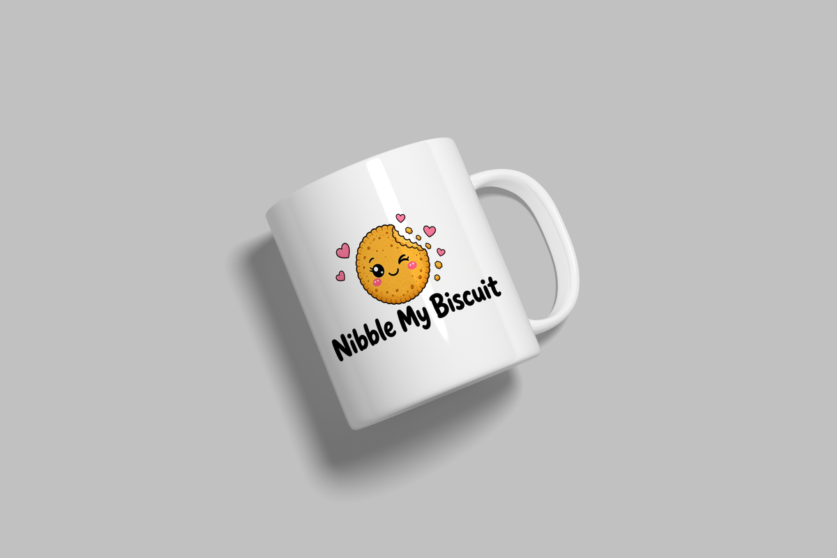 Nibble My Biscuit funny mug, white 11oz ceramic novelty gift, angled side view
