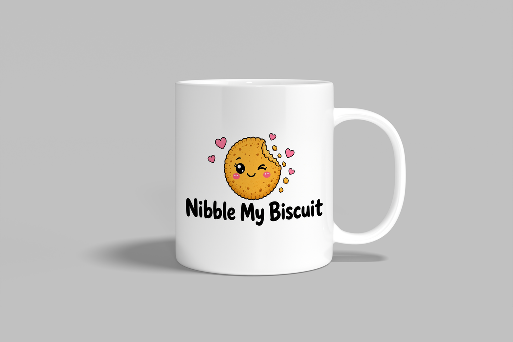 Nibble My Biscuit funny mug, white 11oz ceramic novelty gift, front view
