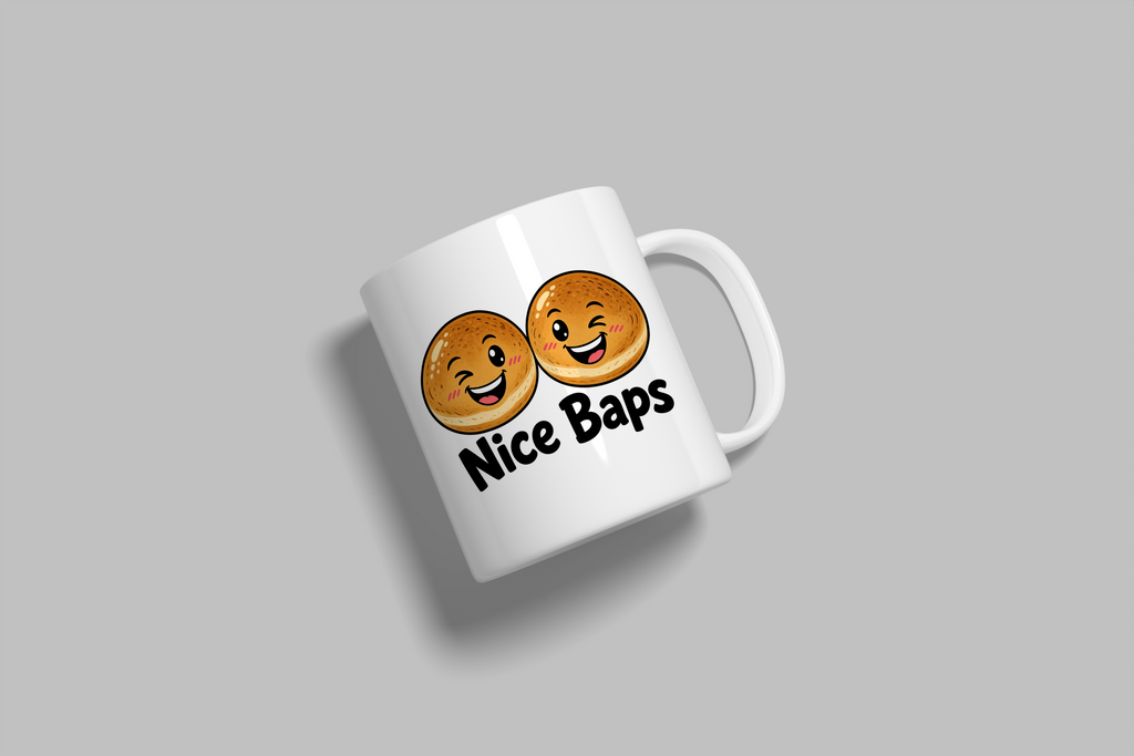 Nice Baps funny mug, white 11oz ceramic novelty gift, angled side view