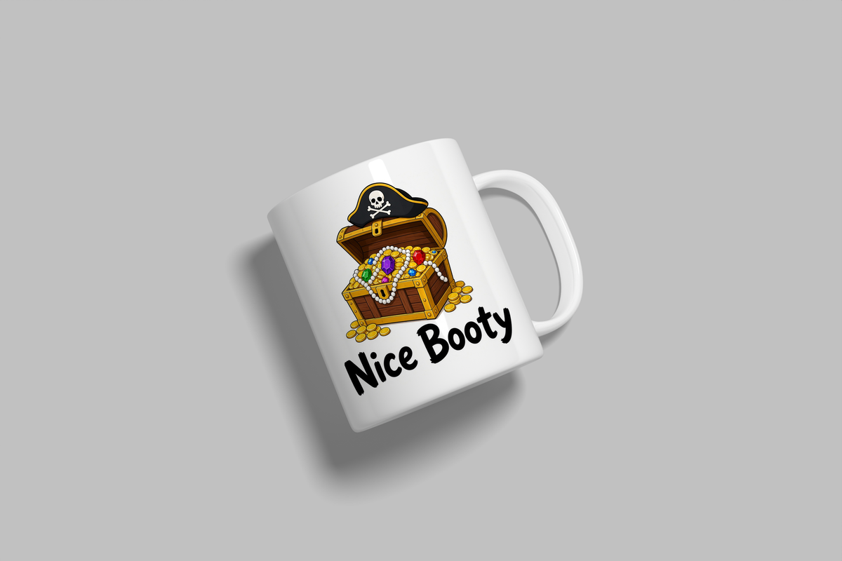 Nice Booty funny mug, white 11oz ceramic novelty gift, angled side view