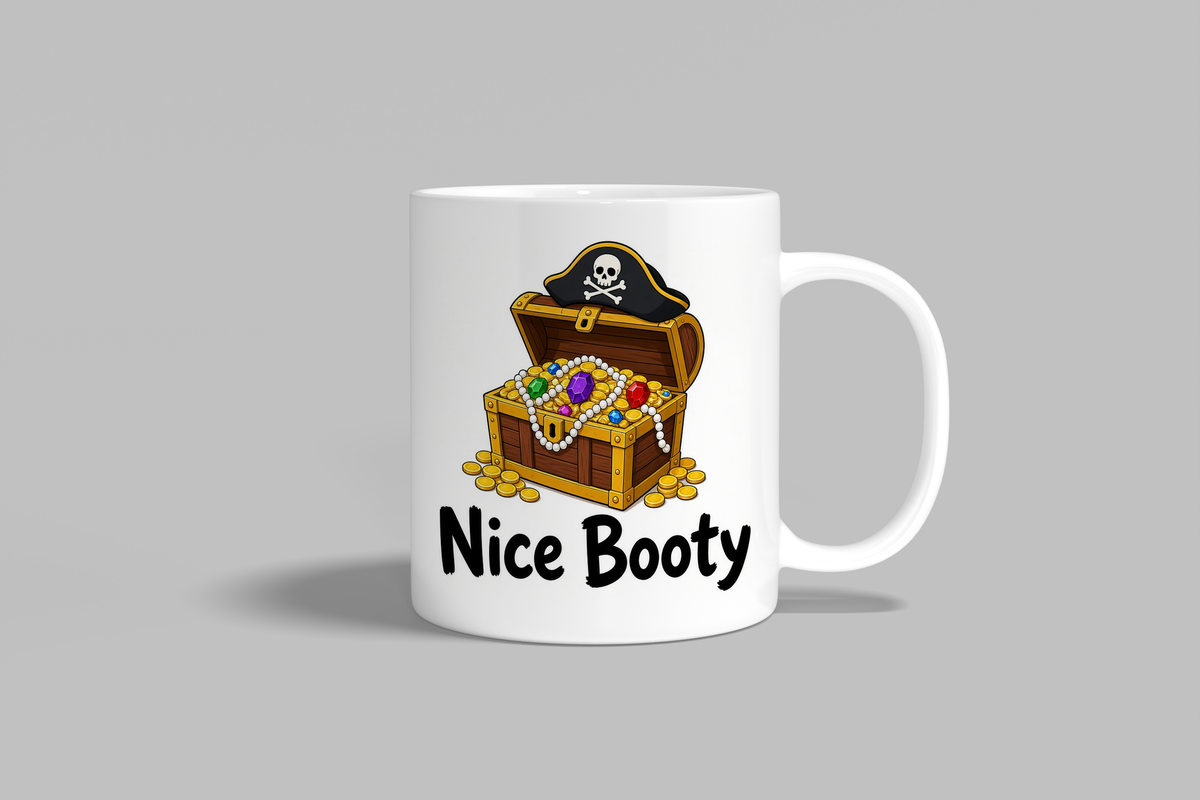 Nice Booty funny mug, white 11oz ceramic novelty gift, front view