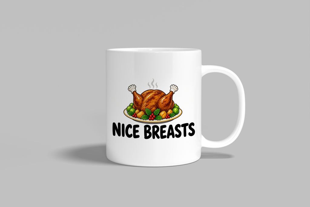 Nice Breasts funny mug, white 11oz ceramic novelty gift, front view