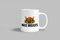Nice Breasts funny mug, white 11oz ceramic novelty gift, front view