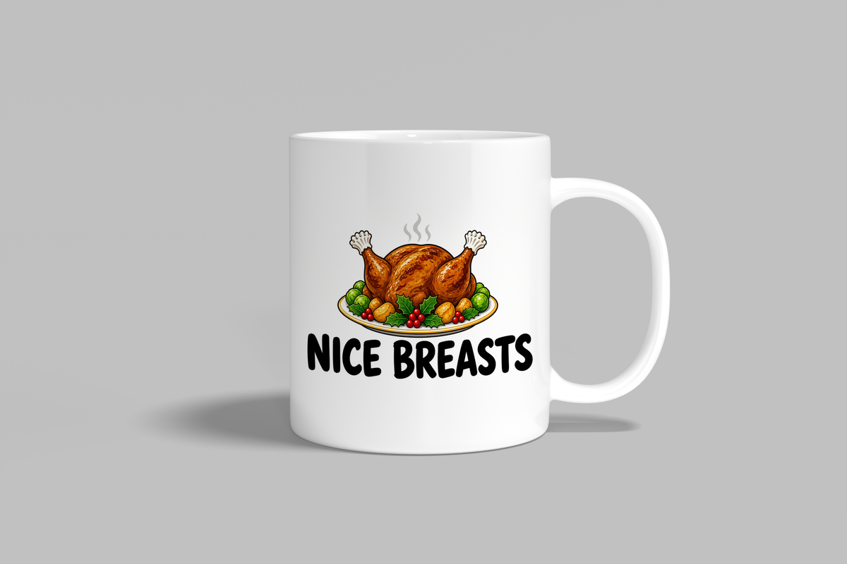 Nice Breasts funny mug, white 11oz ceramic novelty gift, front view