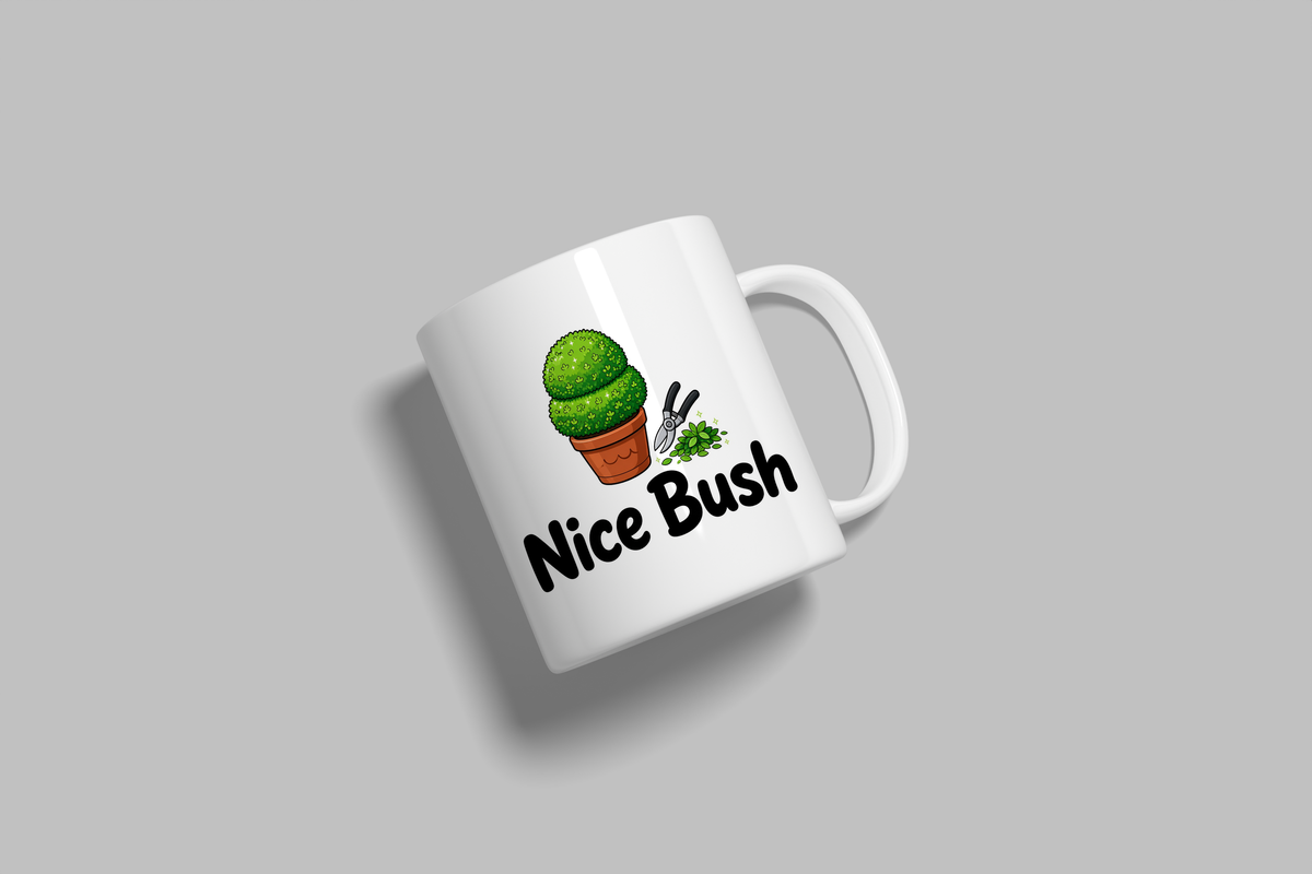 Nice Bush funny mug, white 11oz ceramic novelty gift, angled side view