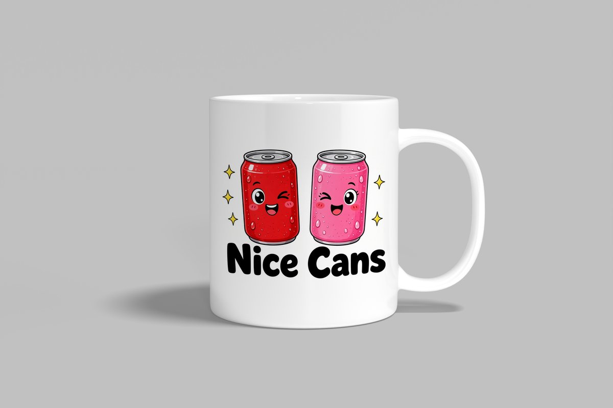Nice Cans funny mug, white 11oz ceramic novelty gift, front view