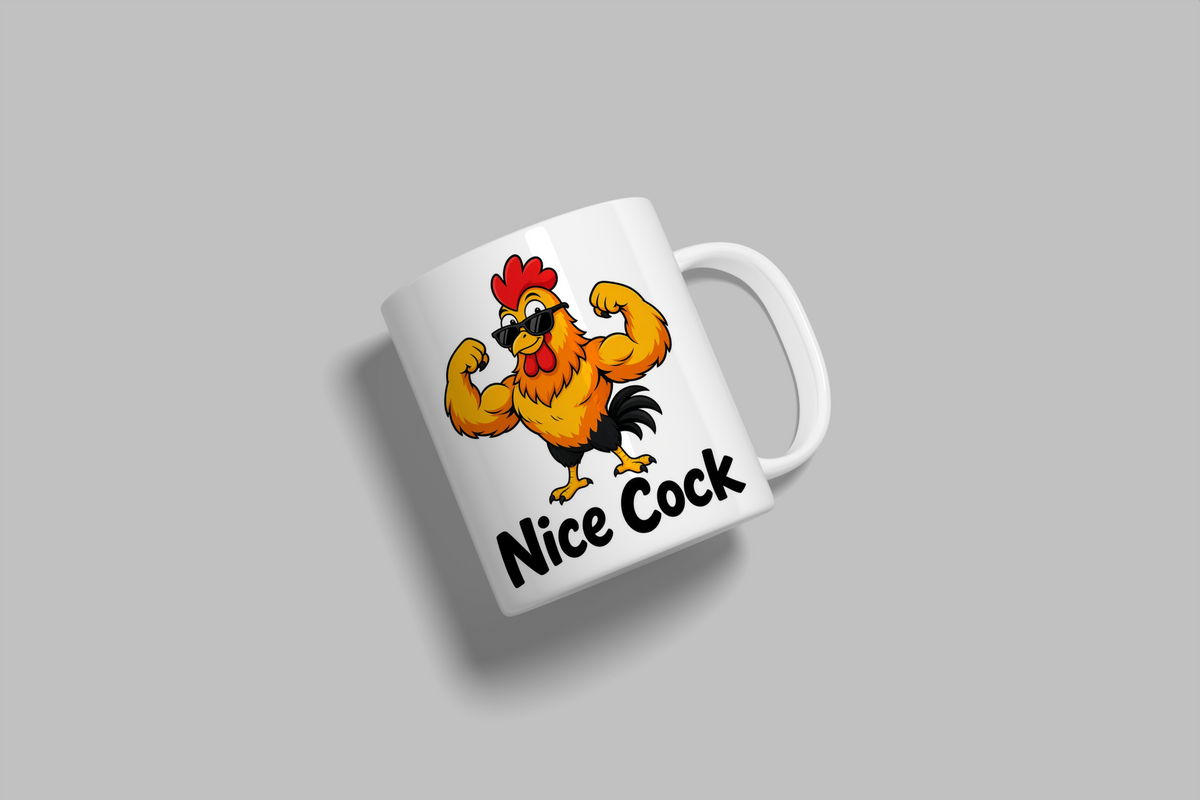 Nice Cock funny mug, white 11oz ceramic novelty gift, angled side view