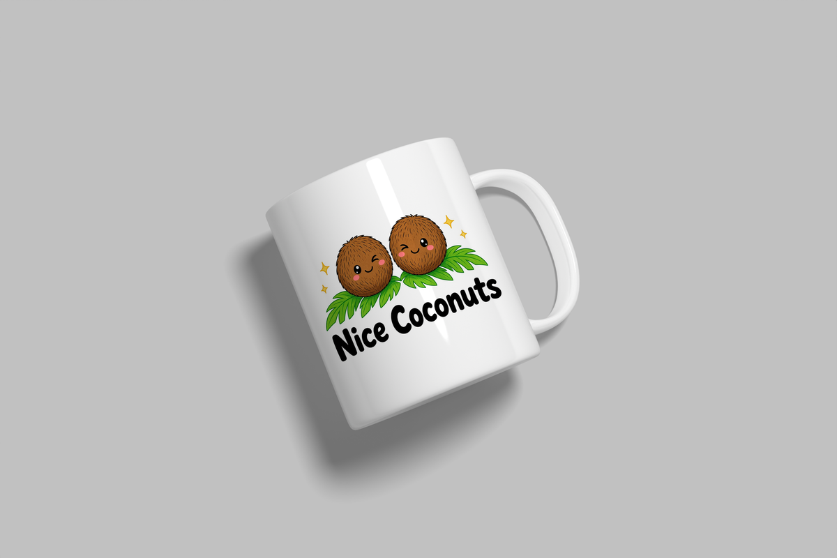 Nice Coconuts funny mug, white 11oz ceramic novelty gift, angled side view