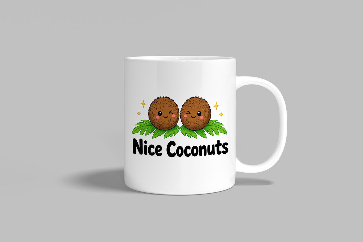 Nice Coconuts funny mug, white 11oz ceramic novelty gift, front view