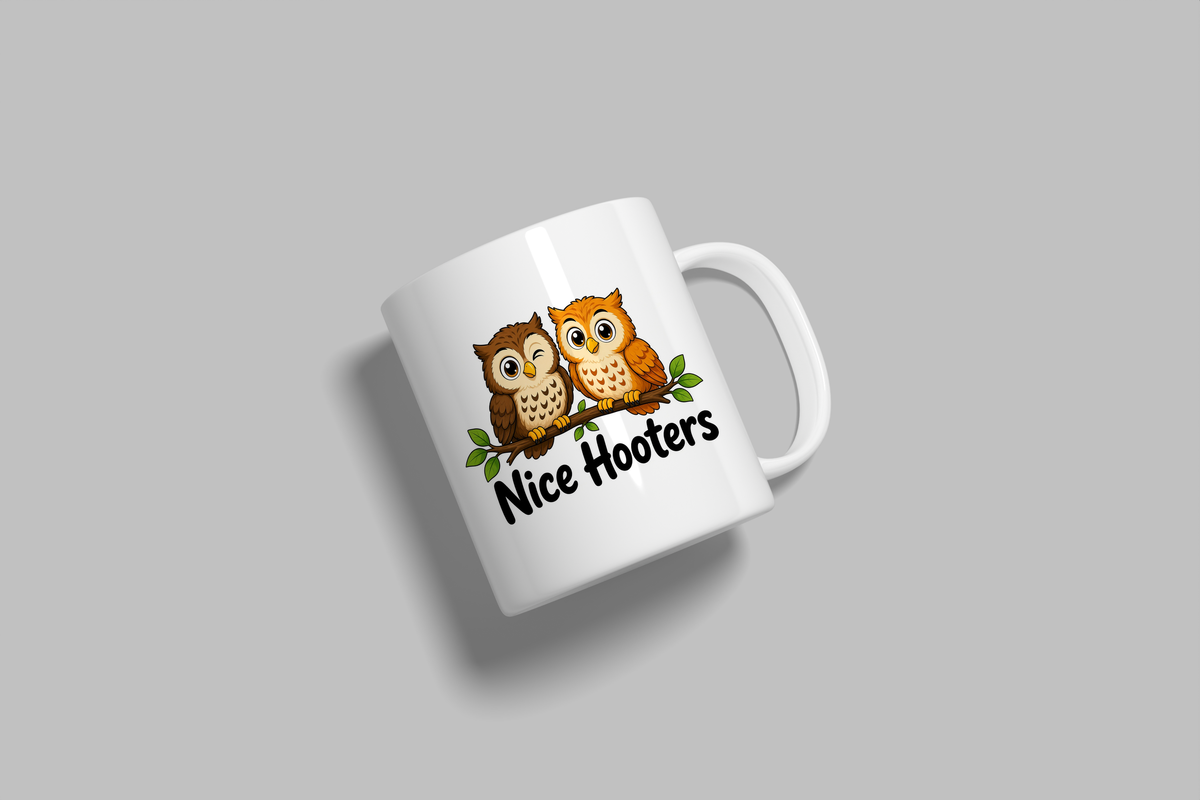 Nice Hooters funny mug, white 11oz ceramic novelty gift, angled side view