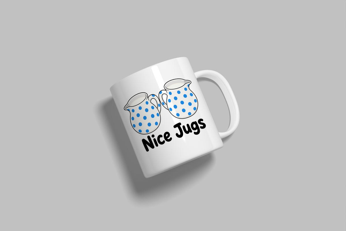 Nice Jugs funny mug, white 11oz ceramic novelty gift, angled side view